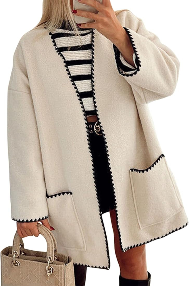 Women's Tweed Blazer Hook and Eye Peacoat Black and White Trim for Daily Work Office Lady | Amazon (US)