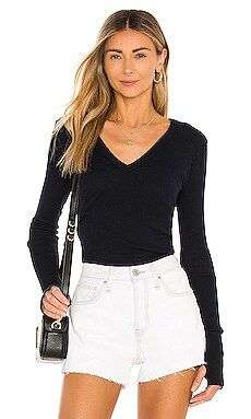 Enza Costa Cashmere Cuffed V Neck Long Sleeve Tee in Cadet from Revolve.com | Revolve Clothing (Global)