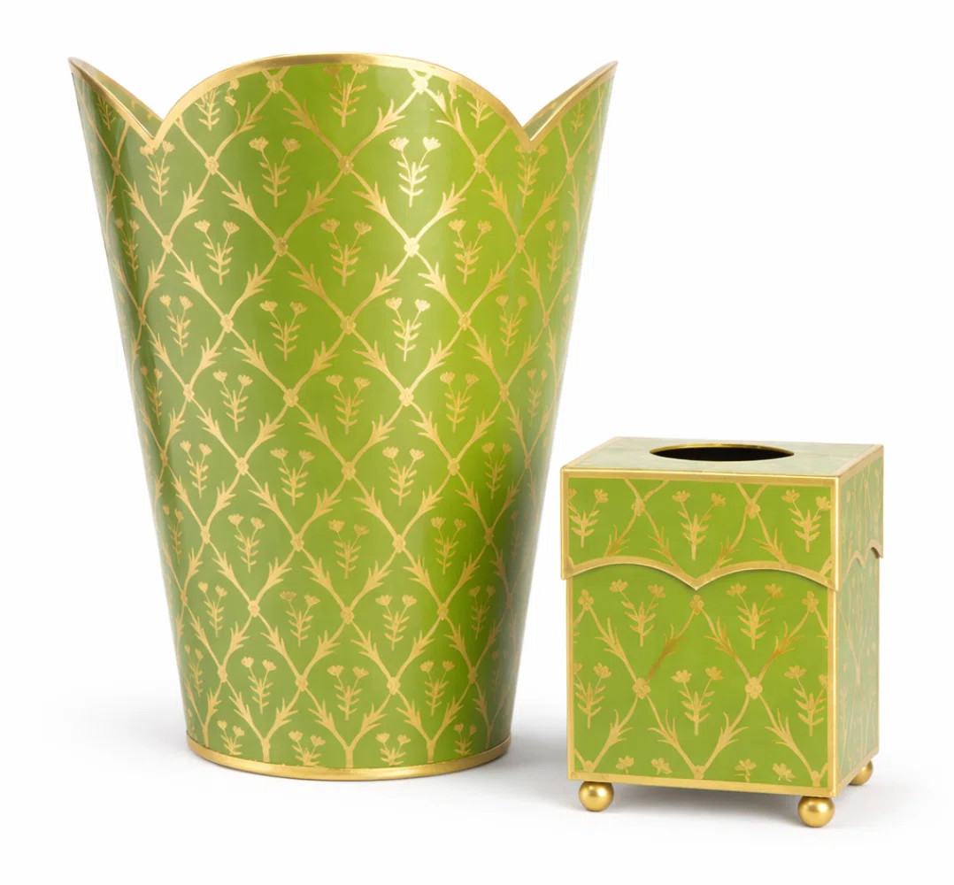 Moss Green & Gold Tulip Wastepaper Basket & Tissue Set (Set of 2) | Wayfair North America