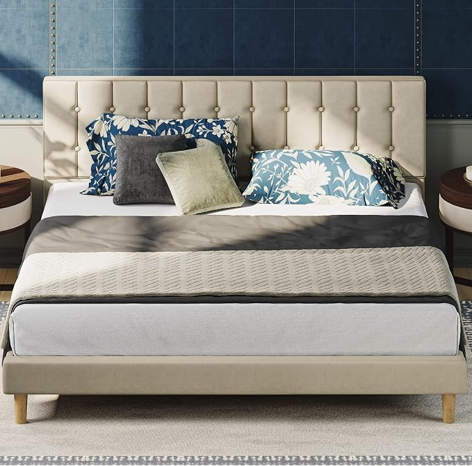 LIKIMIO King Size Bed Frame, Velvet Upholstered Platform Bed King with Strong Wooden Slats/Mattre... | Amazon (US)
