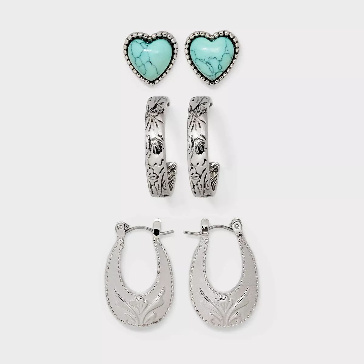 Semi-Precious Turquoise and Textured Stud and Hoop Earring Set 3pc - Wild Fable™ Silver | Target