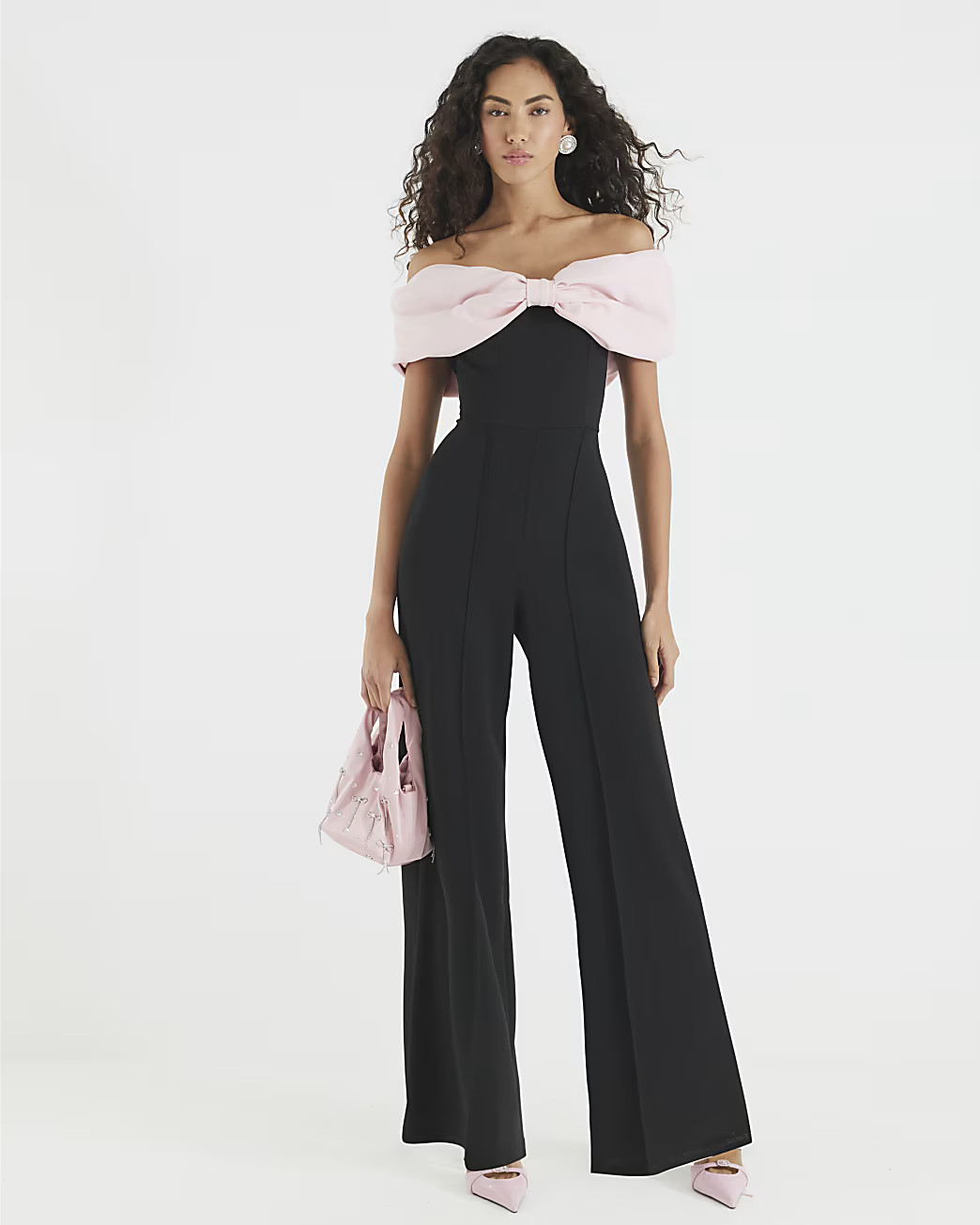 Black Bow Bardot Jumpsuit | River Island UK & IE