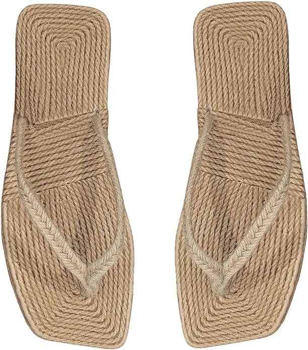 OYOANGLE Women's Straw Flip Flops Beach Vacation Square Open Toe Flat Thong Sandals | Amazon (US)