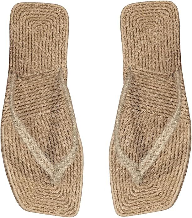 OYOANGLE Women's Straw Flip Flops Beach Vacation Square Open Toe Flat Thong Sandals | Amazon (US)
