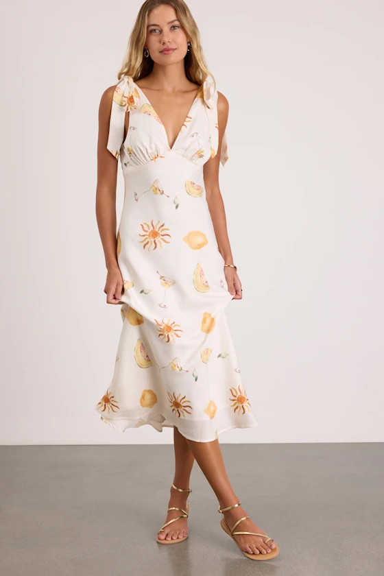 Malta White Multi Print Tie-Strap Midi Dress | summer white dress | Lulus