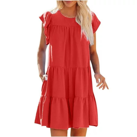Dyegold Sundresses for Women Casual Beach - Mini Party Dress for Women Round Neck Sleeveless Ruffle Bohemian Tiered Flowy Swing Loose Short Prom Sun Dress | Walmart (US)