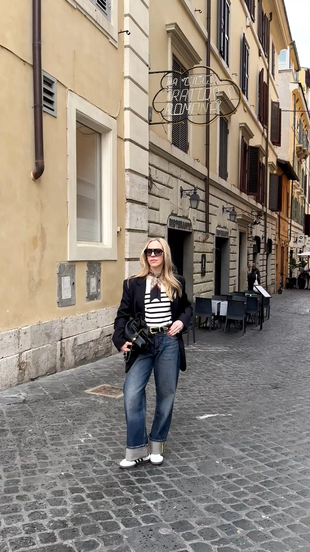 Travel outfit, European vacation, oversized blazer with striped top and silk scarf, @Zara cuffed baggy jeans, Adidas Samba sneakers 

#LTKSeasonal #LTKOver40 #LTKTravel