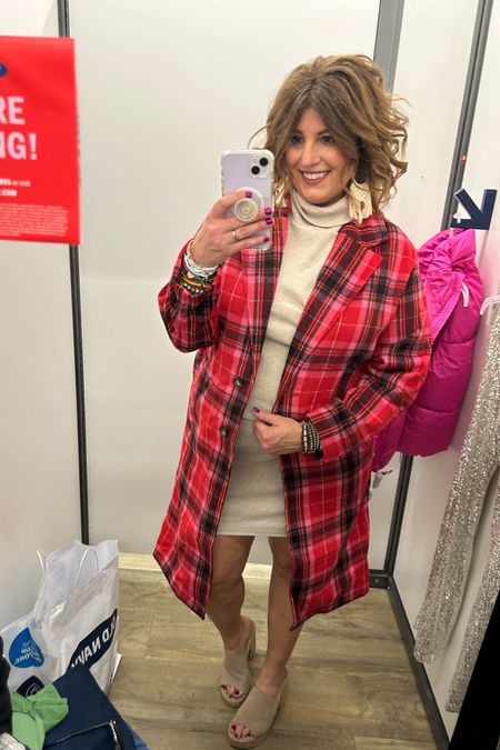 Plaid duster jacket! So cute!!! Wearing size large. Runs tts.
Dress is fitted and went up a size.
Old navy plaid coat jacket 

#LTKsalealert #LTKHoliday #LTKSeasonal