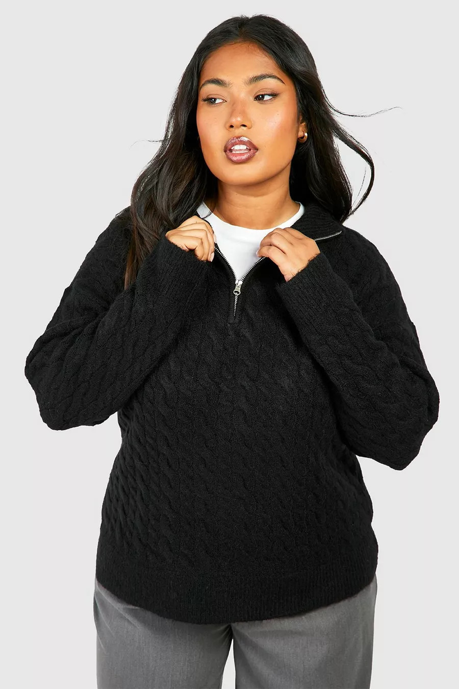 Plus Cable Knit Half Zip Sweater | boohoo (US & Canada)
