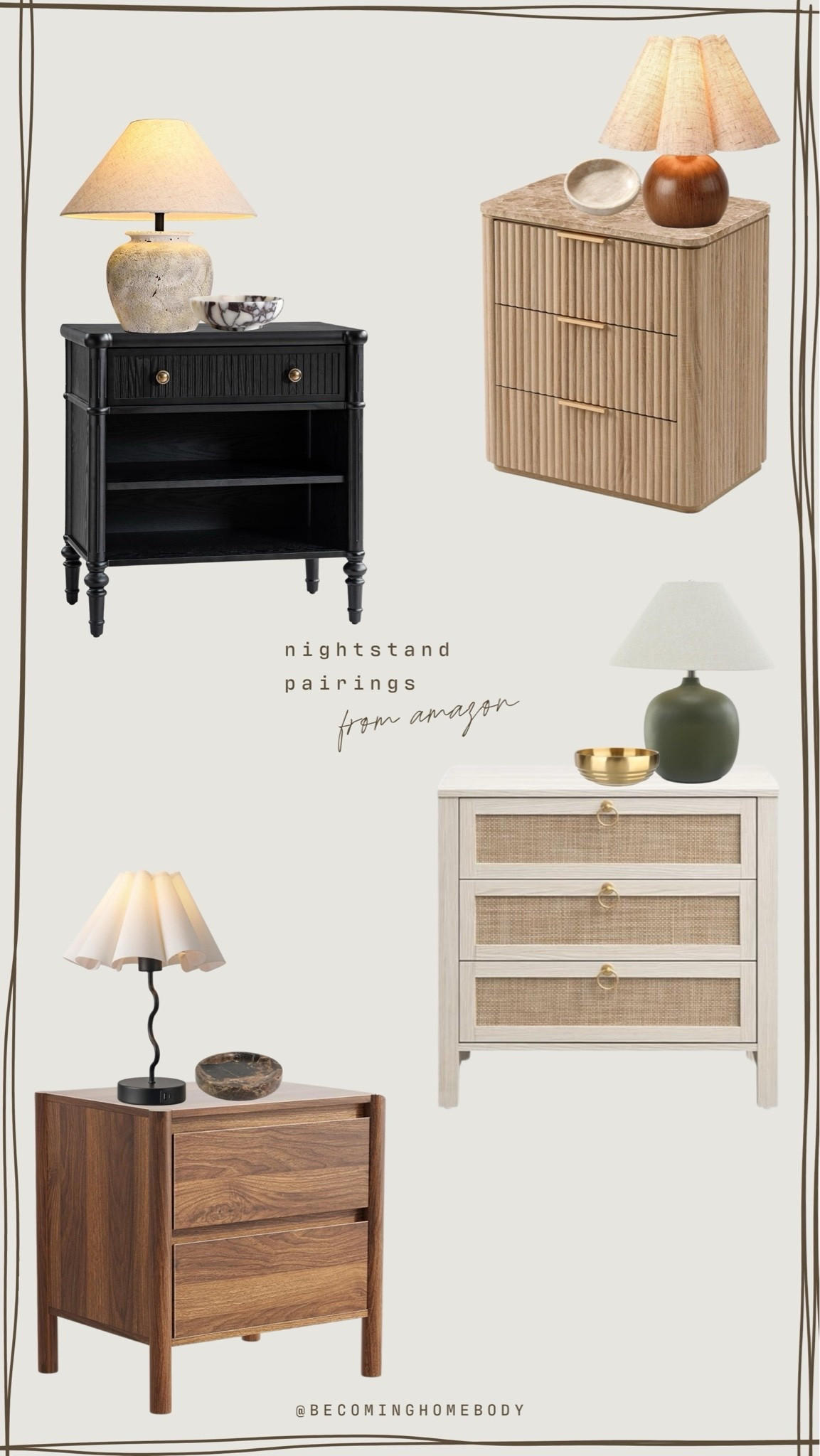 Amazon nightstand pairings 🤎 Love these neutral nightstands, matching table lamps, and catch all trays for a pretty and organic home. 🙌🏻
