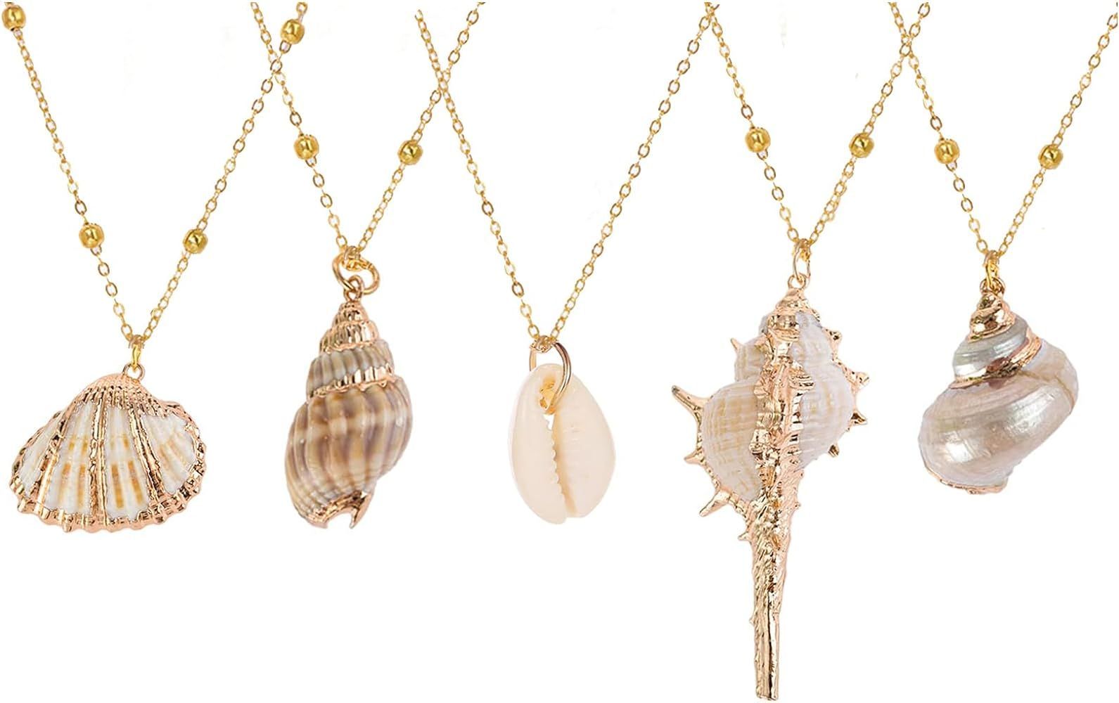 5Pcs Natural Seashell Scallop Conch Pendant Necklace Inlaid with Gold Rimmed Seashell Necklace Se... | Amazon (US)