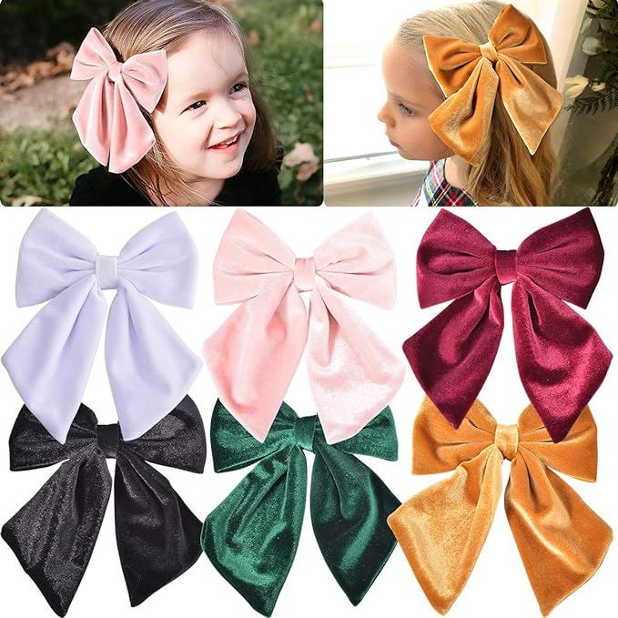 Velvet Hair Bows Clips Girls Big 6" 6PCS Boutique Alligator Clips Vintage Accessories for Baby To... | Amazon (US)