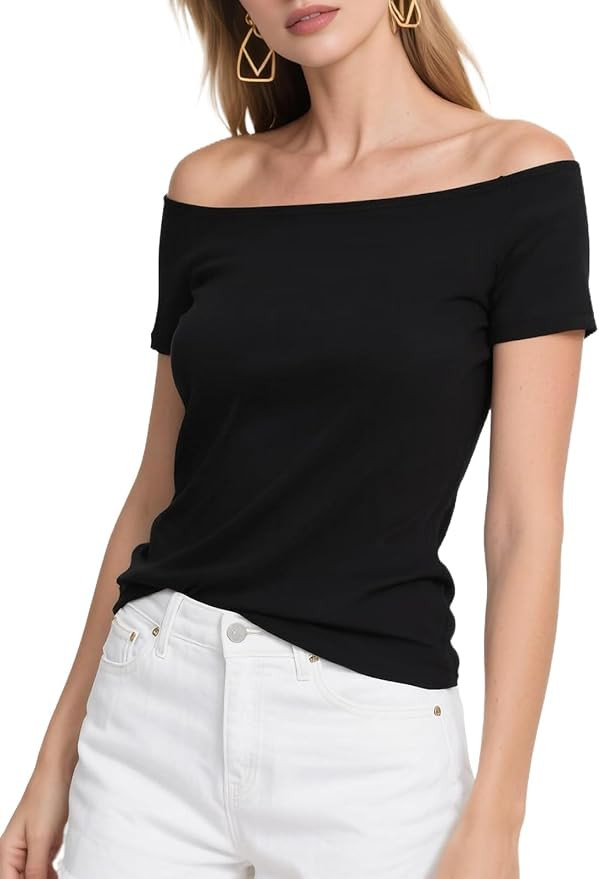 Fuinloth Women's Off The Shoulder Tops, One Shoulder Shirts, Short Sleeves Elegant Slim Fit Tees | Amazon (US)