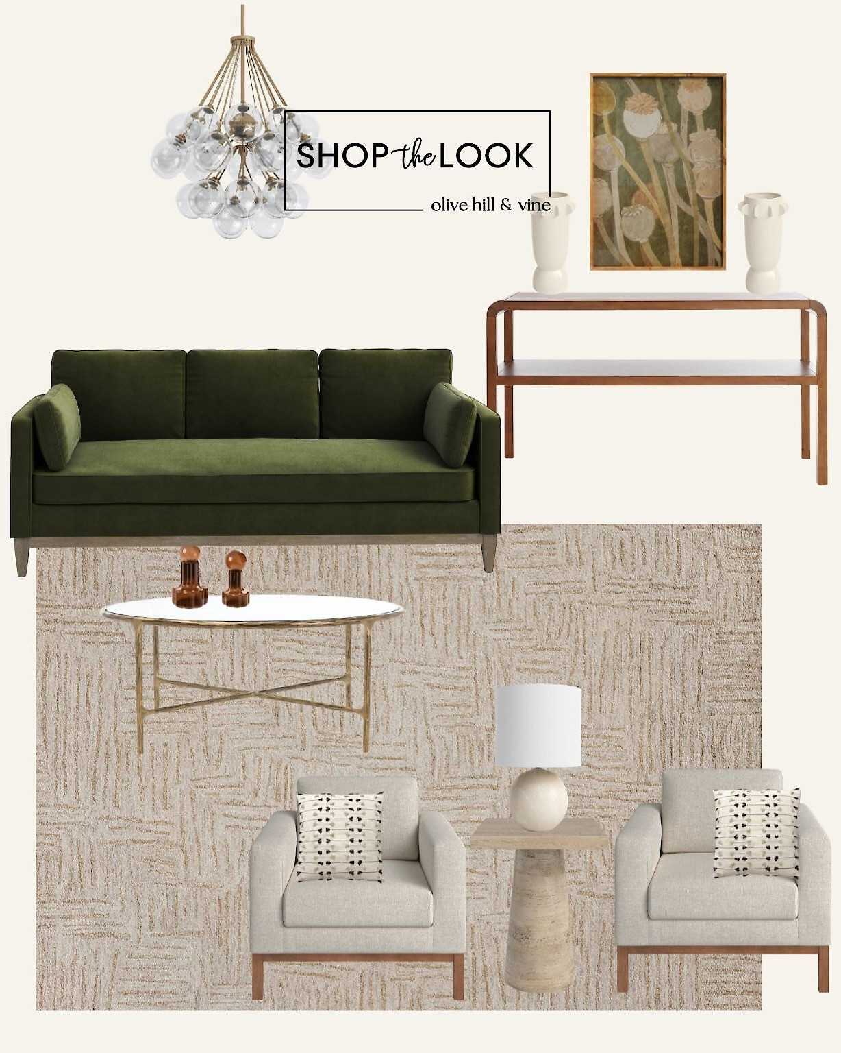Olive green velvet + mid-century bubble lights? Say less. This living room brings the charm with poppy art, sculptural vases, boho tassel pillows, and modern silhouettes layered with natural textures like jute and wood. Effortless, elevated cool. 

 

#LTKHome #LTKStyleTip #LTKFamily