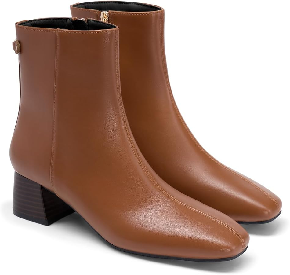 Coutgo Womens Ankle Boots Chunky Low Heel Square Toe Booties Side Zipper Winter Dress Shoes | Amazon (US)