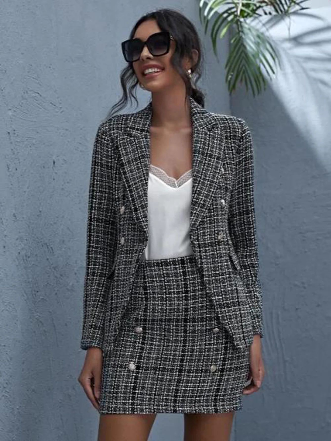 Double Button Raw Hem Plaid Tweed Blazer & Skirt Set (M / Black with Gray) | 1Sansome