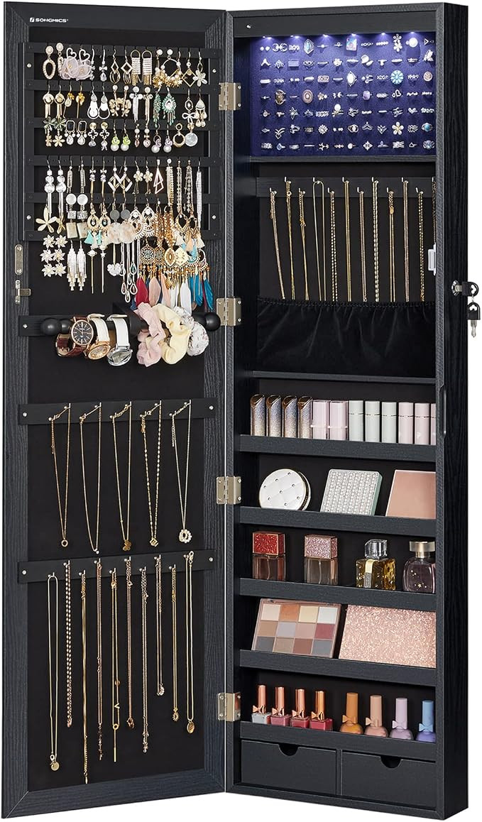 SONGMICS 6 LEDs Mirror Jewelry Cabinet, 47.2-Inch Tall Lockable Wall or Door Mounted Jewelry Armo... | Amazon (US)
