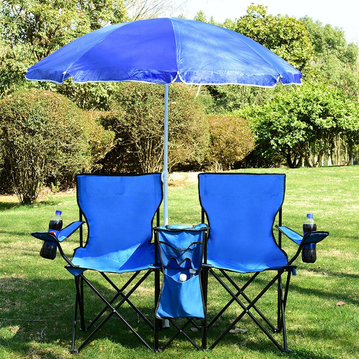 Costway Portable Folding Picnic Double Chair W/Umbrella Table Cooler Beach Camping Chair | Walmart (US)