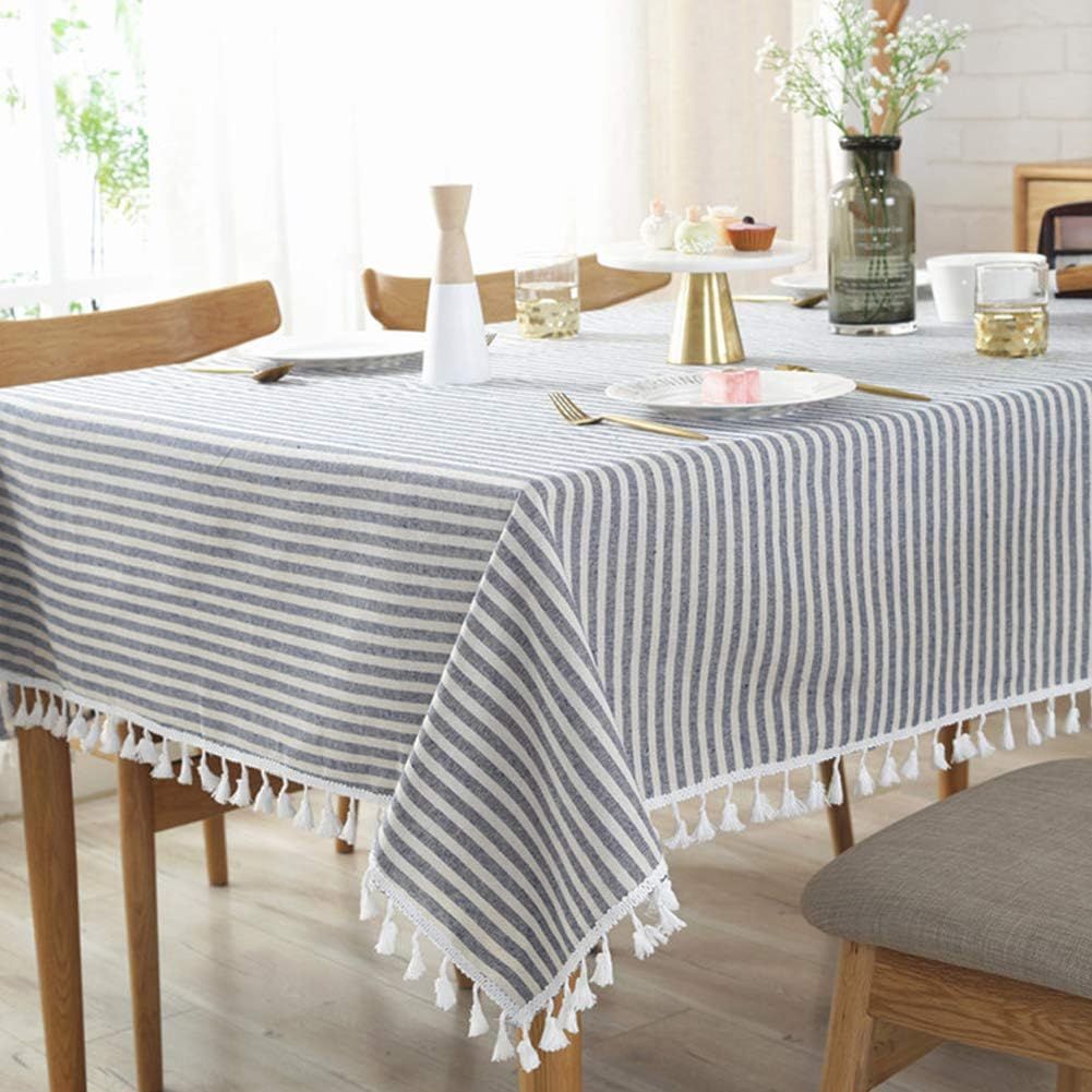 AMZALI Stripe Tassel Tablecloth Cotton Linen Stain Resistant/Dust-Proof Waterproof Table Cover fo... | Amazon (US)