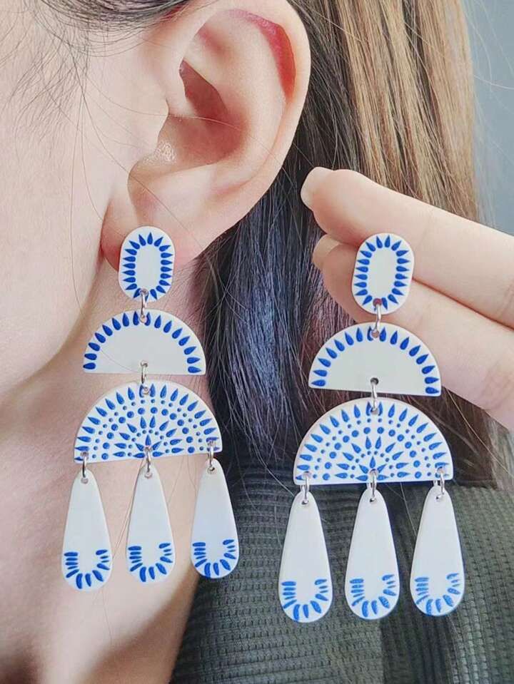 1 Pair Bohemian Vintage Style Blue And White Porcelain Geometric Circle Tassel Earrings For Women | SHEIN