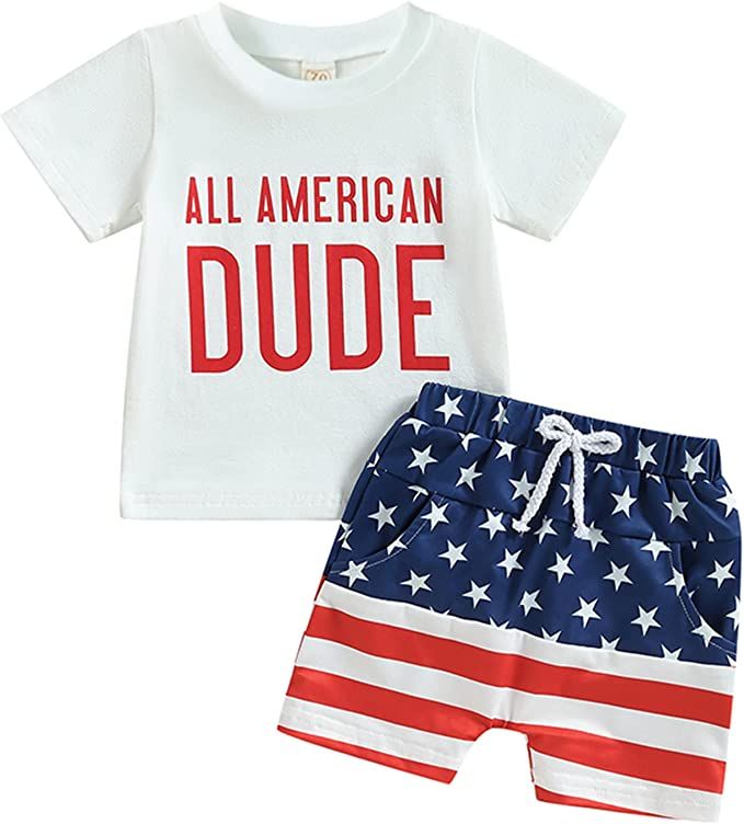 4th of July Baby Boy Outfit Toddler USA Short Sleeve T-Shirt Top Shorts Independence Day Summer C... | Amazon (US)