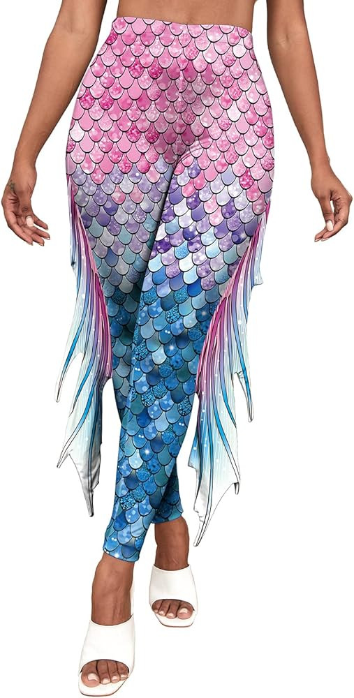 Mermaid Yoga Print Leggings for Women Plus Size Fish Scale High Waisted Pants Halloween Costume T... | Amazon (US)