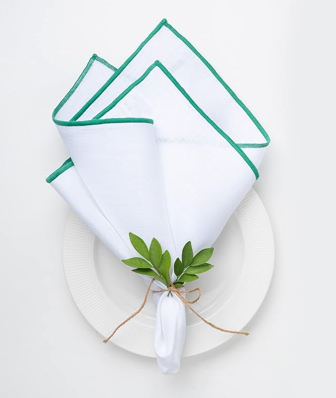 D'Moksha Homes White Linen Napkins with Green Embroidered Trim, Set of 4-20 x 20 Inch, 100% Pure ... | Amazon (US)