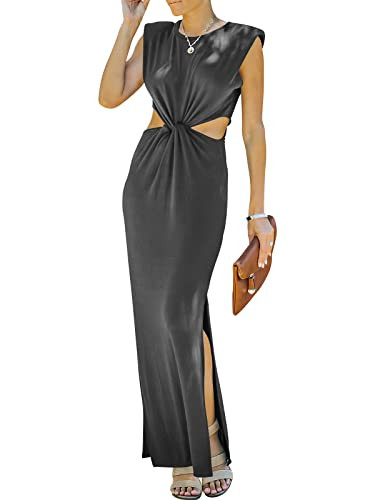 Prinbara Womens Side Cutout Padded Shoulder Summer Long Bodycon Dress Sleeveless Slit Club Party Max | Amazon (US)