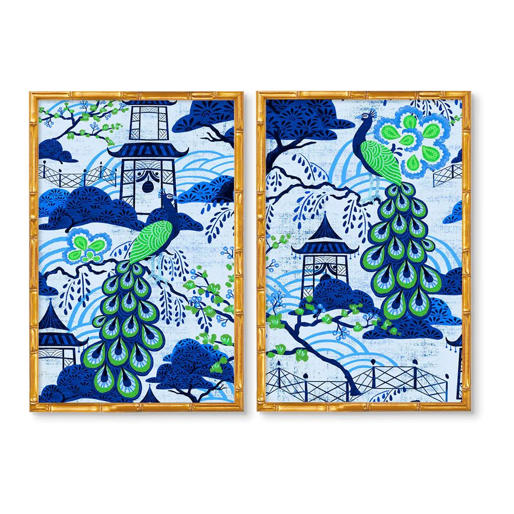 Peacock Pagoda Vintage Colorful Chinoiserie Mural Art Print | Urban Garden Prints