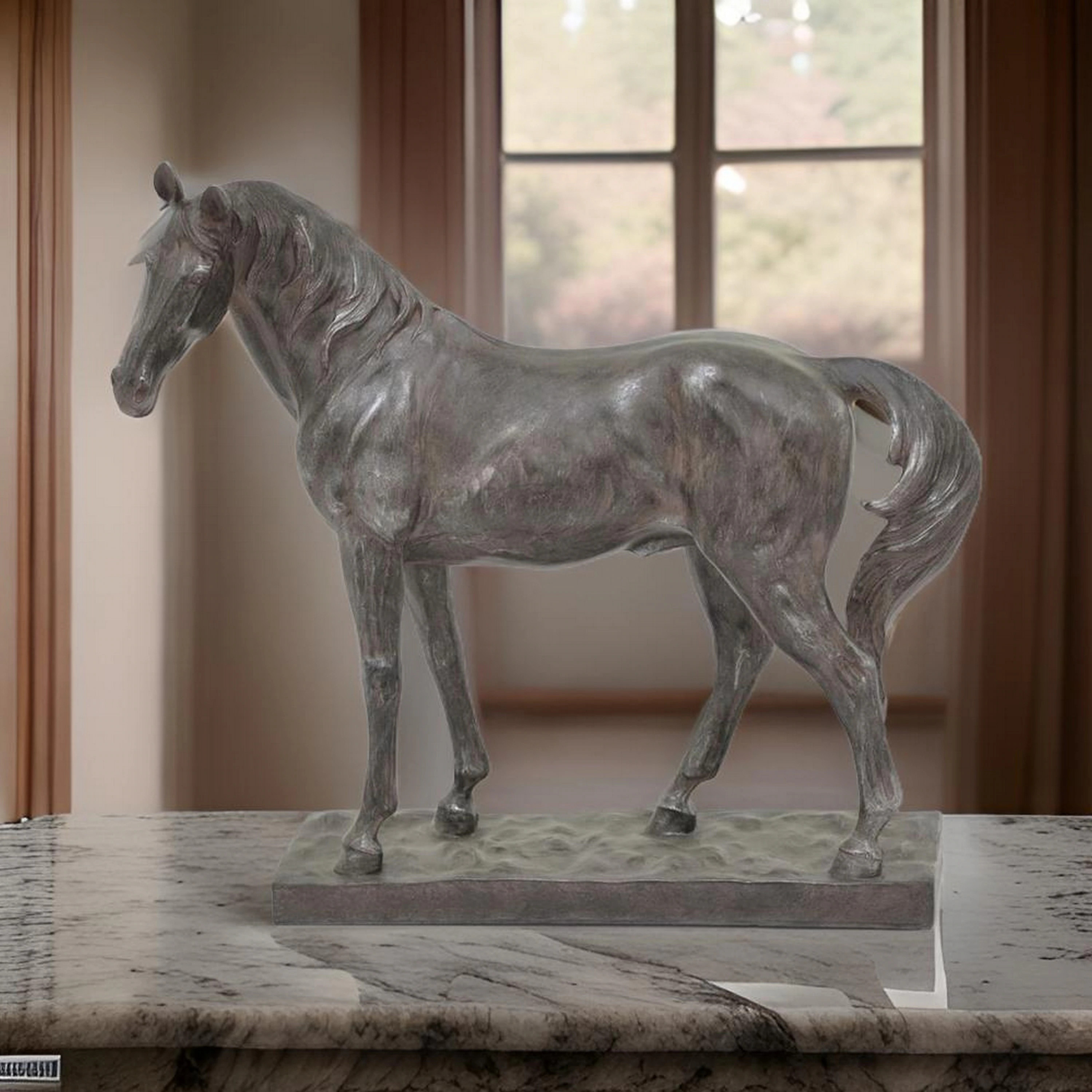 Fenny 16 Inch Standing Horse Statuette, Tabletop Figurine, Gray and Brown Resin - Overstock - 400... | Overstock
