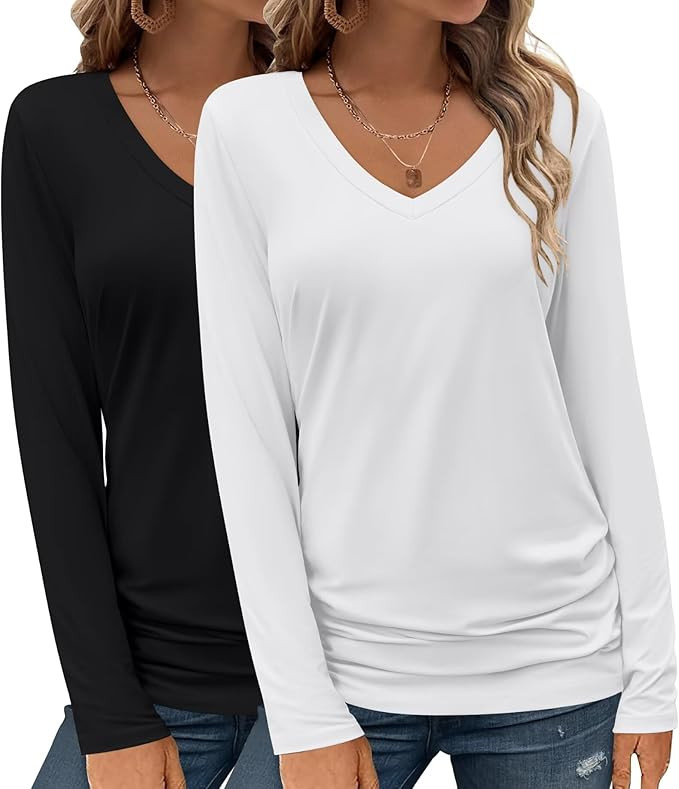 Bliwov 2 Pack Womens Long Sleeve V Neck Tops Fall Winter Outfits Spring Trendy T Shirts 2025 Casu... | Amazon (US)