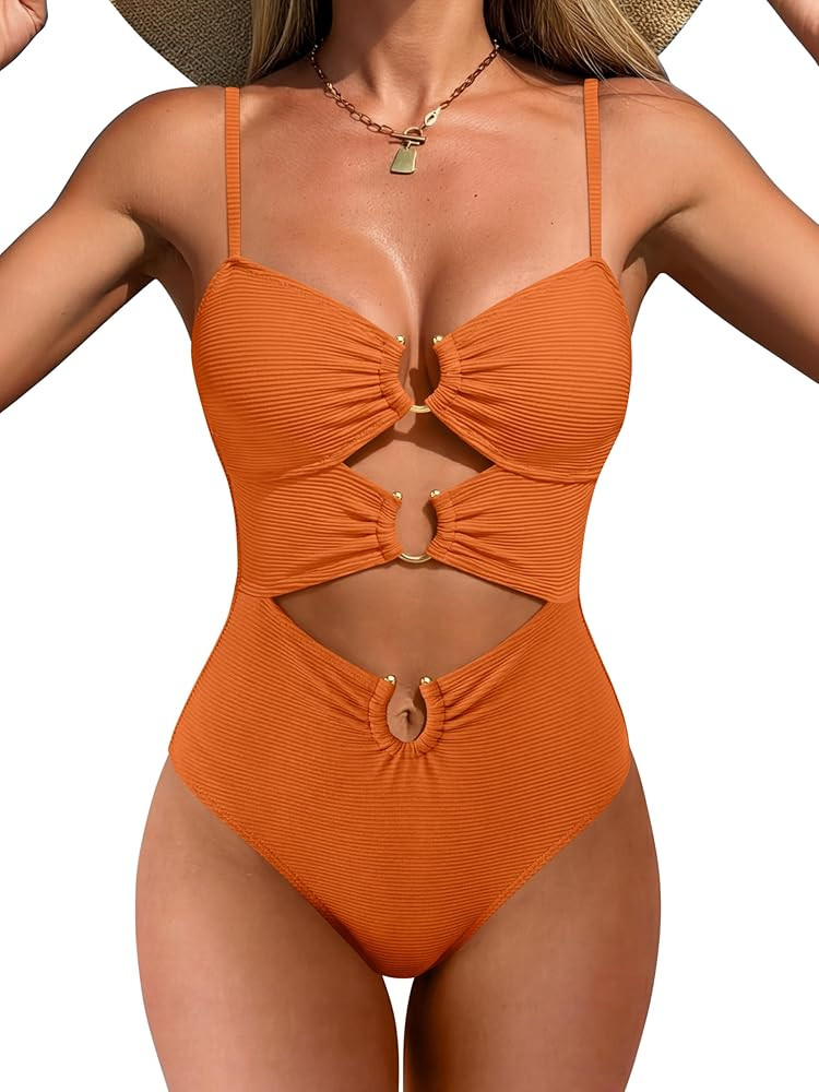 ANRABESS Women One Piece Swimsuits Sexy Cutout Full Coverage Bathing Suit Ring Link Ruched Monoki... | Amazon (US)