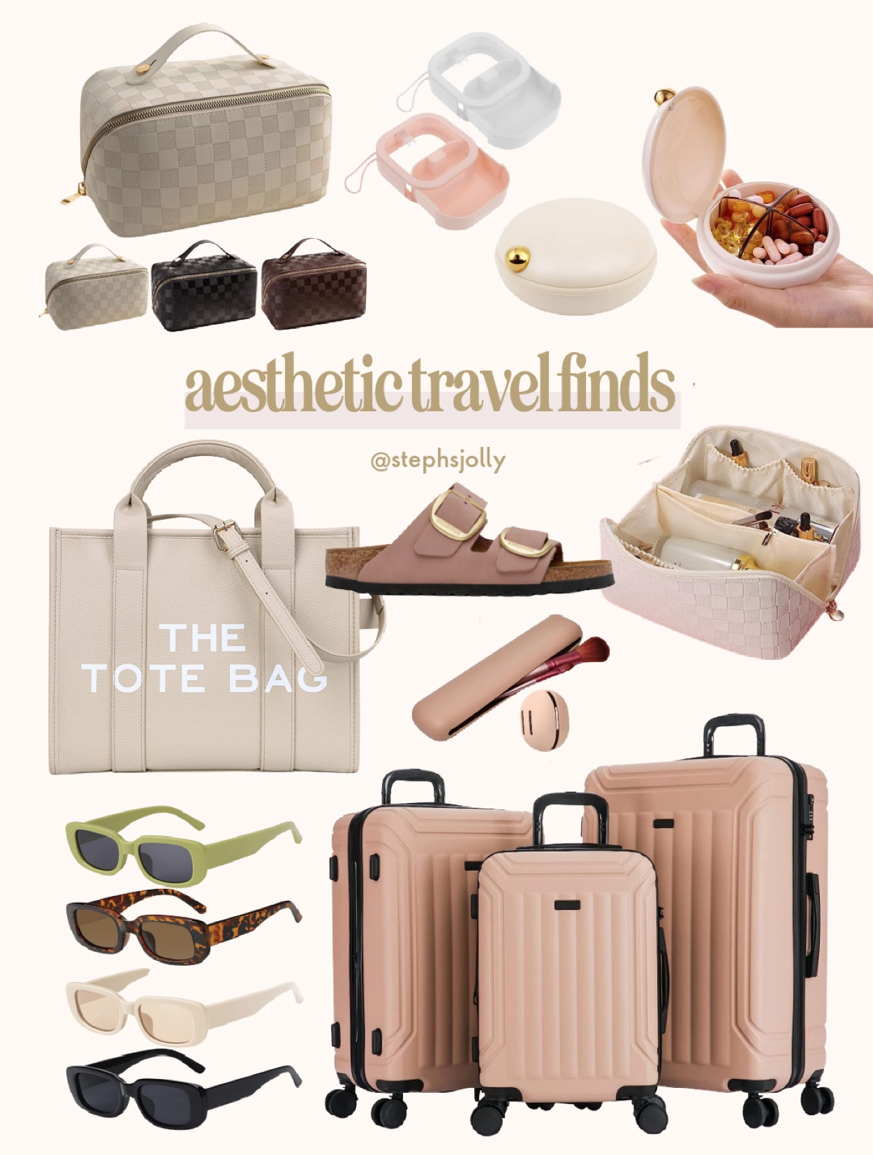 Aesthetic travel finds: luggage, pill container, sunglasses, makeup bags 

#LTKtravel