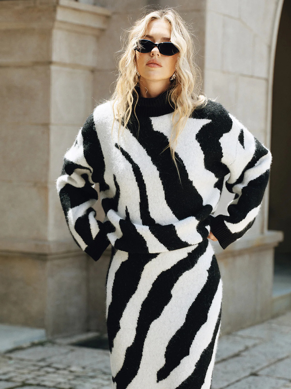 Zebra Print Turtleneck Wool Blend Sweater | Commense