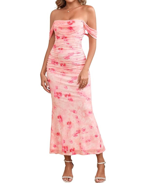 KUTUMAI Off The Shoulder Maxi Long Dress Corset Ruched Bodycon Formal Wedding Guest Dresses for W... | Amazon (US)