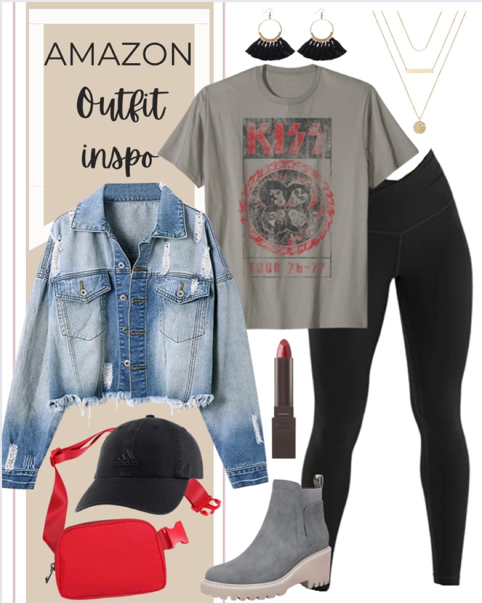 Amazon outfit inspo includes Kiss graphic tee, jean jacket, black leggings, lipstick, fringe earrings, gold necklace, black baseball cap, red belt bag, and grey lug boots

#LTKfit #LTKunder100 #LTKstyletip