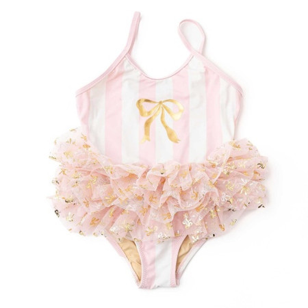 Blush Bow Stripe Girls Skirted One Piece Swimsuit 6m-6 | Shade Critters
