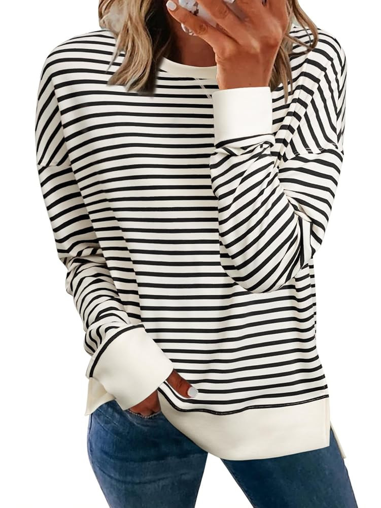 Simplee Womens Sweatshirt Long Sleeve Crewneck Striped Sweatshirt for Women 2024 Trendy Fall Tops... | Amazon (US)