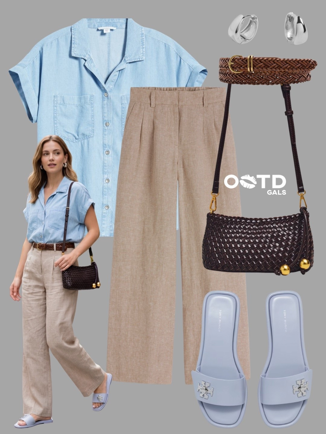 Soft blue and warm neutrals create the perfect effortless summer combination ☁️🤎

This outfit feels relaxed, polished, and quietly elegant with its airy fabrics and woven textures.

✨ Style Details:
• Light blue short sleeve button-up adding a fresh breezy feel  
• Beige linen wide leg trousers for an easy sophisticated silhouette  
• Woven brown belt bringing warmth and texture  
• Dark woven shoulder bag with gold accents adding depth and richness  
• Powder blue slide sandals creating a soft coordinated touch  
• Minimal silver jewelry for a clean modern finish  

The contrast between cool pastel blue and earthy neutral tones makes this look feel timeless, calm, and elevated ✨

Perfect for vacations, brunches, coastal city walks, or chic everyday summer styling.

#LTKsummer #LTKstyletip #LTKsale