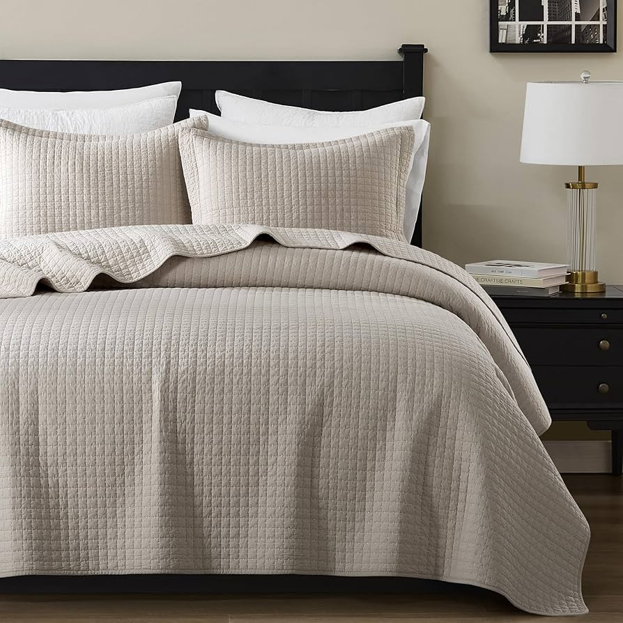 WDCOZY 100% Cotton Queen Size Quilt Set - Beige Box Pick Stitch Soft Lightweight Bedspread, Textu... | Amazon (US)