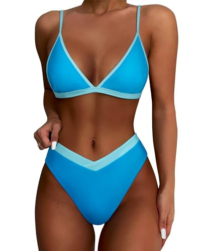 SUUKSESS Women Triangle High Cut Bikini Sets Sexy High Waisted Color Block Two Piece Swimsuits Push Up Bathing Suits(Blue,M) | Amazon (US)