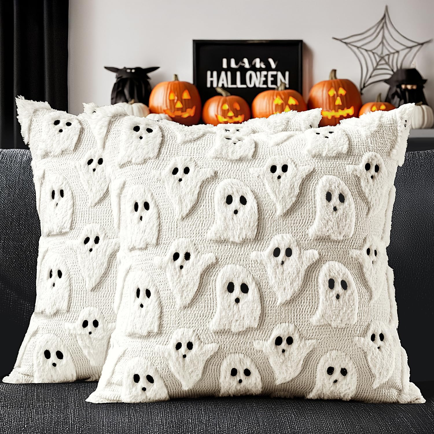 MIULEE Cream White Halloween Pillow Covers Cute Ghost Decor Set of 2 18x18 | Amazon (US)