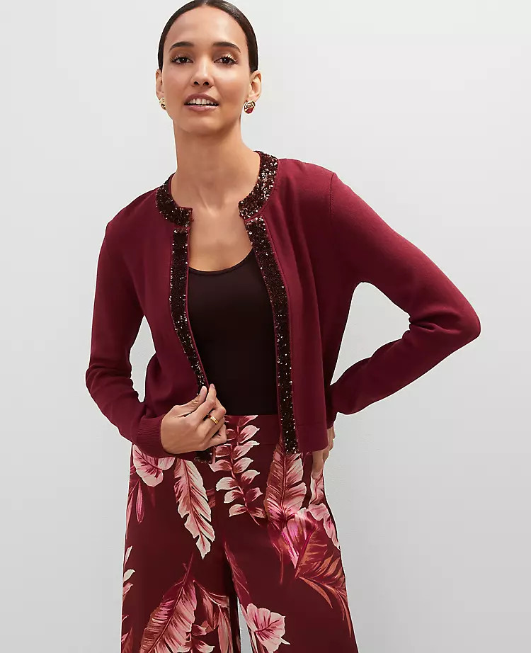 Studio Collection Sequin Trimmed Open Cardigan | Ann Taylor