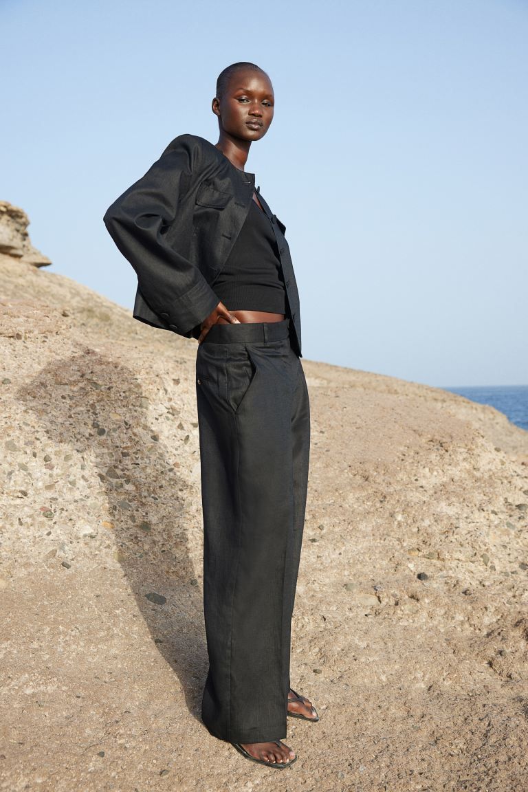 Tailored linen trousers - Black - Ladies | H&M GB | H&M (UK, MY, IN, SG, PH, TW, HK)