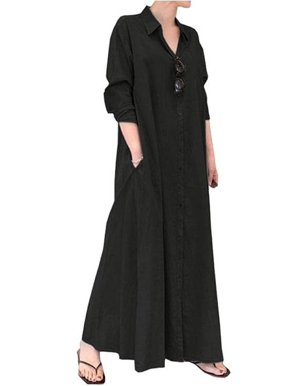 Ladyful Women's Button Down Cotton Linen Shirt Dress Long Sleeve Maxi Shirtdress Beach Summer Dre... | Amazon (US)