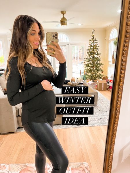 Winter outfit idea! Stretchy black shirt paired with ugg slides and black leather leggings! These come in maternity fit and regular fit! 

#LTKunder50 #LTKbump #LTKstyletip