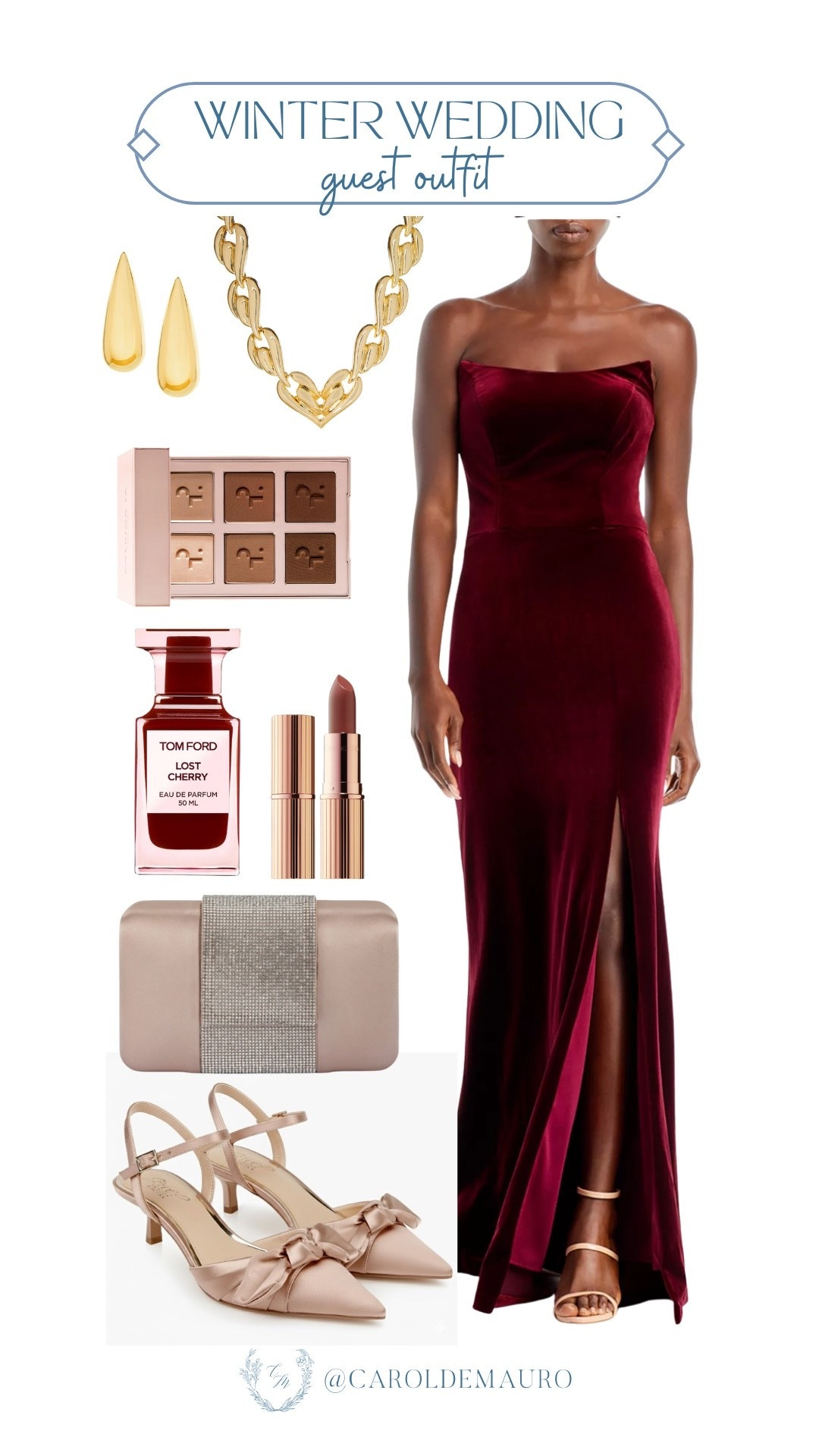 Main character energy in burgundy velvet! Make an entrance when you wear this velvet dress paired with champagne kitten heels with bow details and an elegant clutch.

formal wear, party dress, wedding guest outfit, cocktail look, makeup must haves, dainty accessories, tom ford perfume

#LTKU #LTKWedding #LTKSeasonal