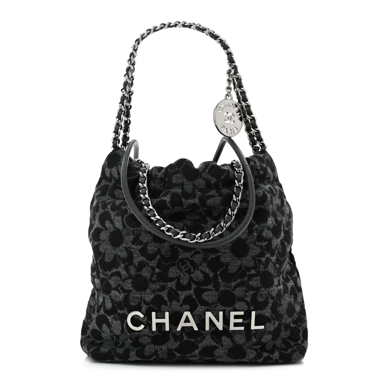 Chanel Denim Quilted Floral Print Mini Chanel 22 Black Grey 1683637 | FASHIONPHILE (US)