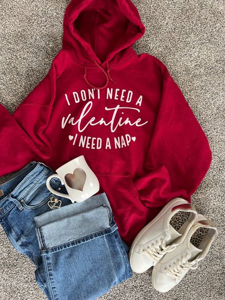 Outfit inspo✔️
Valentine sweatshirt ♥️  fits tts
Valentine mug

Wide leg cuff / high waisted denim jeans 
Fit tts

White leather sneakers  fits tts


#LTKGiftGuide #LTKstyletip