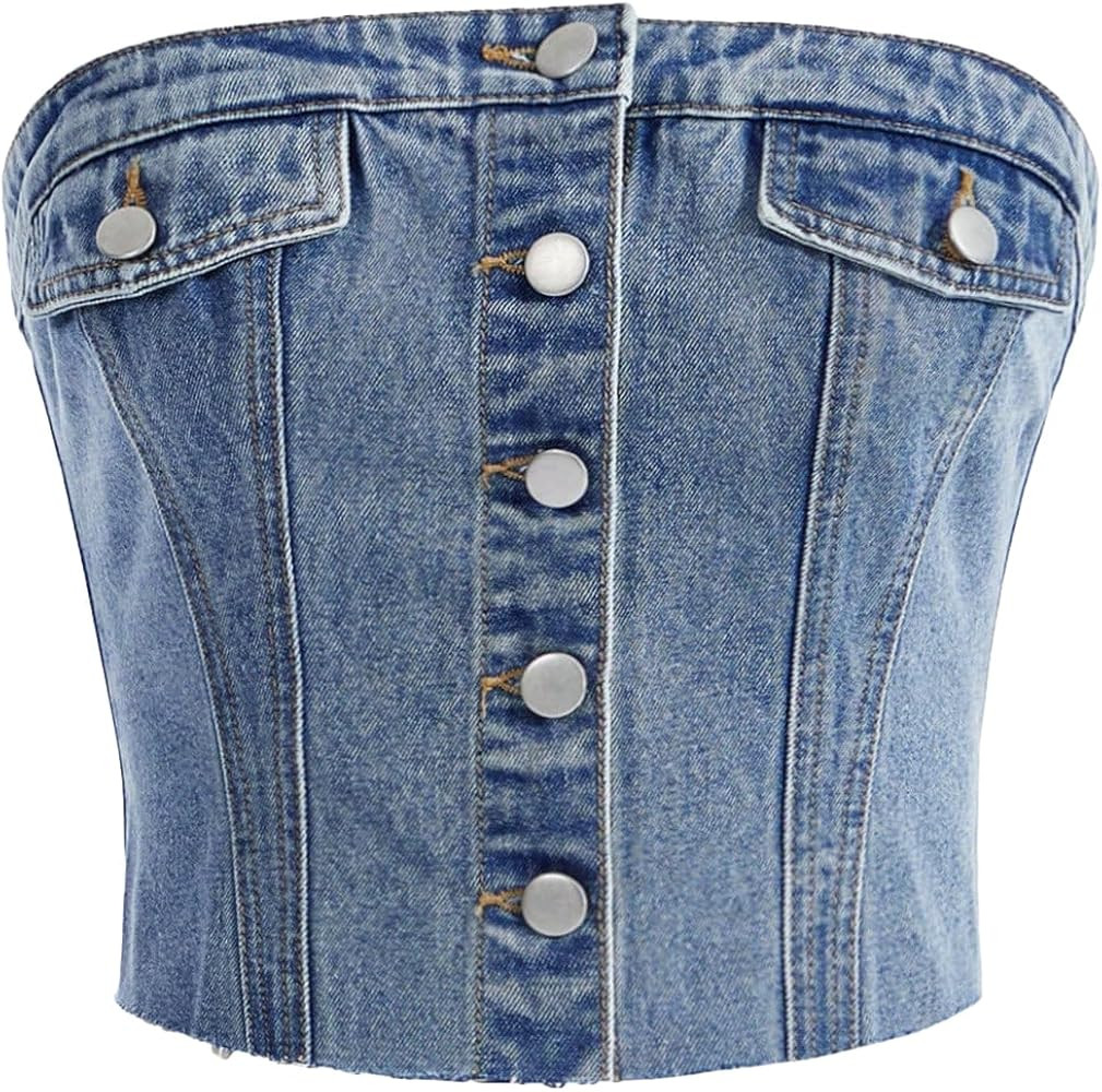 Verdusa Women's Button Front Shirred Tube Denim Top Crop Bandeau Tops | Amazon (US)
